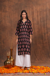 Black Kurti Adorned with Pink Floral Prints Cotton Kurti -Feminine Flair